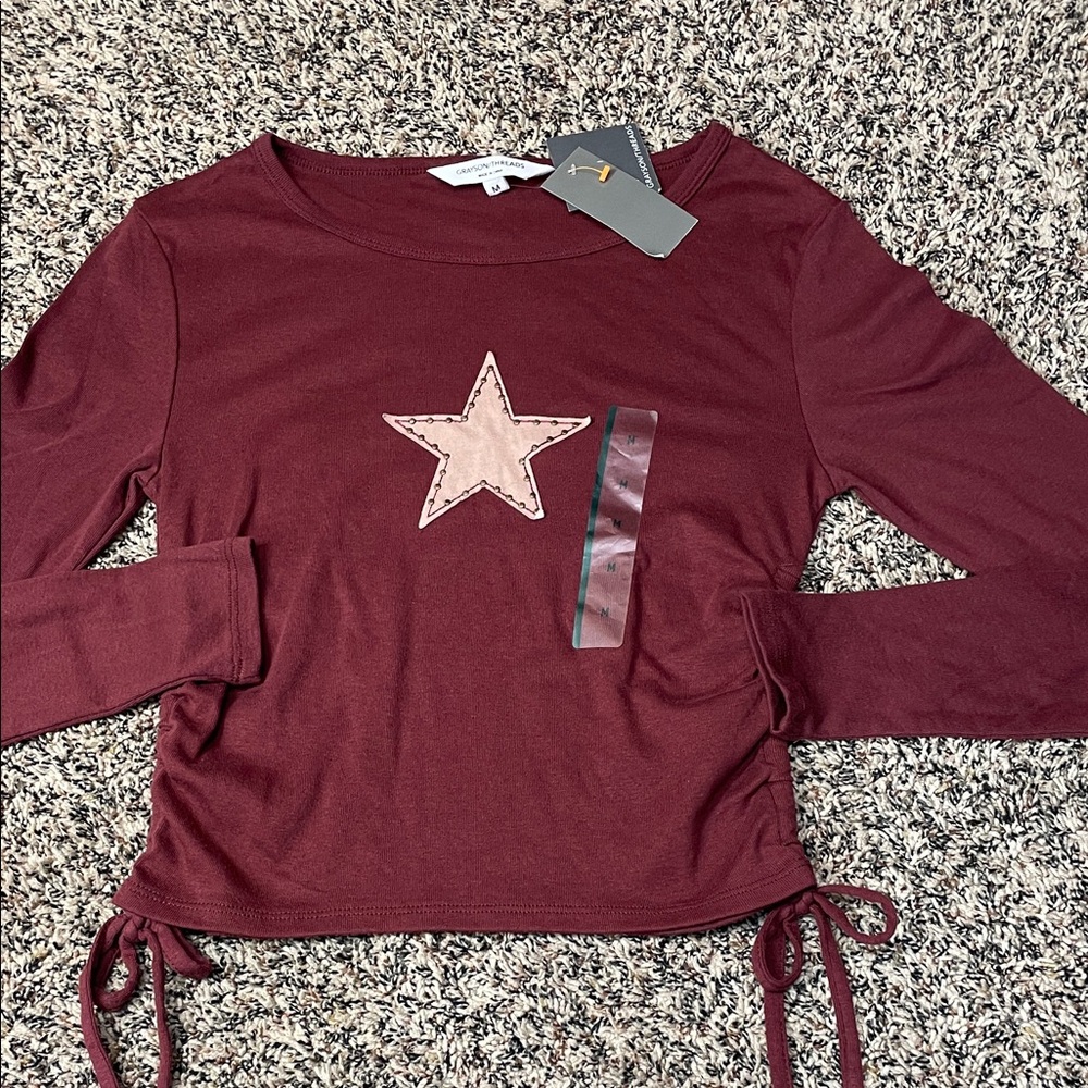 Grayson Threads Cinched Burgundy Star Long Sleeve Top Sz M | NWT